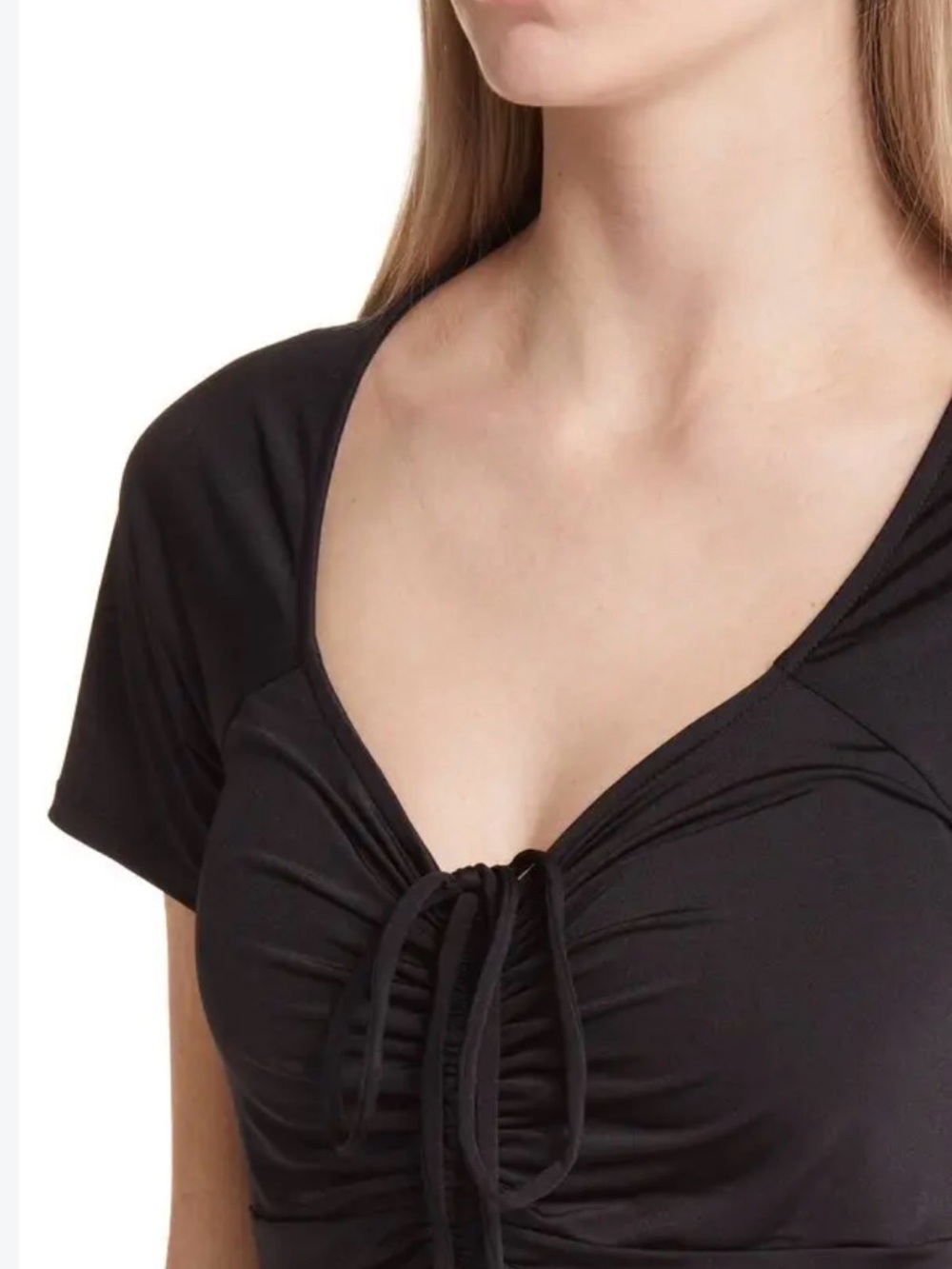 VENUS Black Short Sleeve Drawstring Front Top